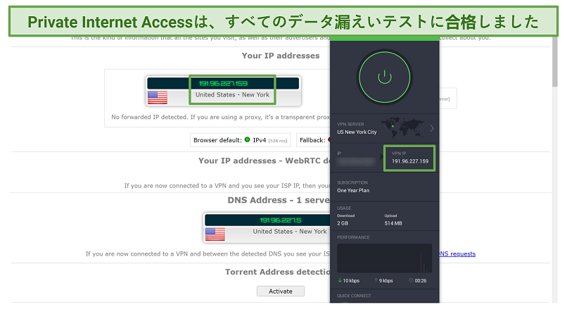 Screenshot of leak tests done on IPleak.net while connected to Private Internet Access