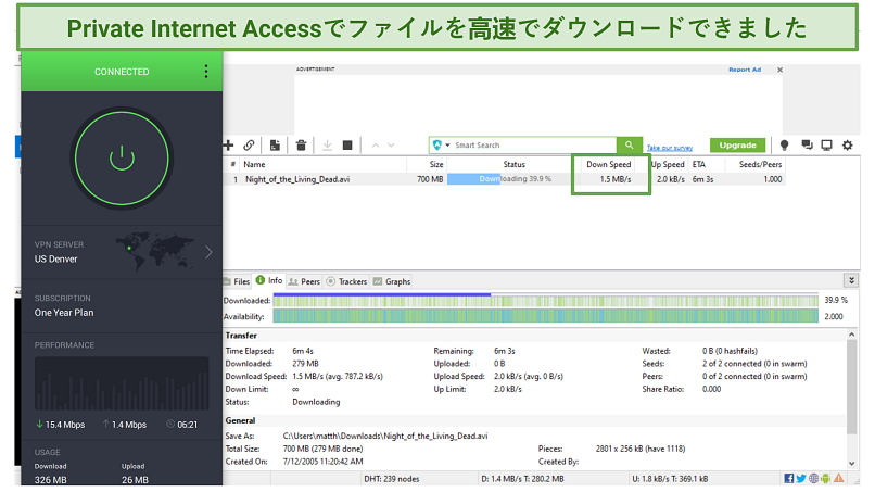 Screenshot of uTorrent downloading Night of the Living Dead while connected to Private Internet Access