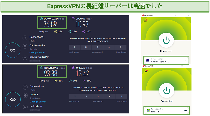 Screenshot of Ookla speed tests done with no VPN connected and while connected to ExpressVPN's Brazil 2 server