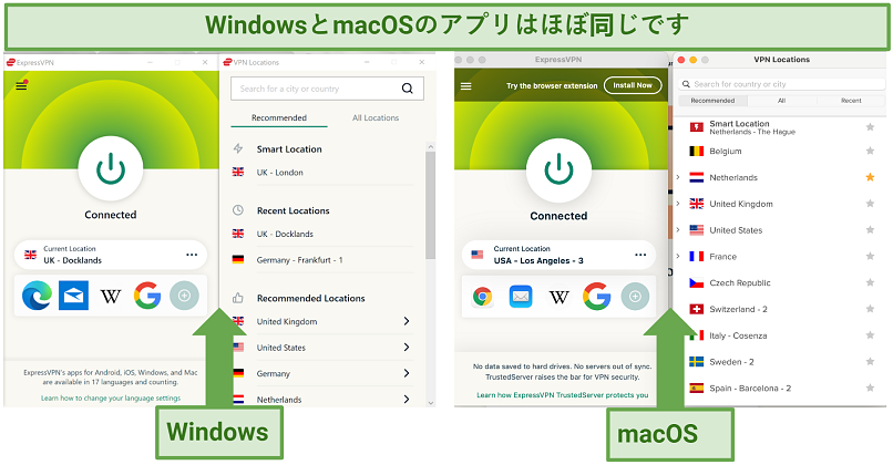 Screenshots of the ExpressVPN Windows and Mac apps side-by-side