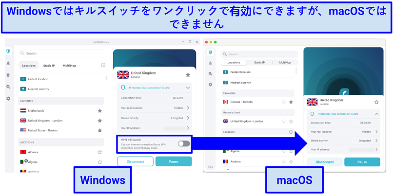 Screenshots comparing Surshark's Windows and macOS apps