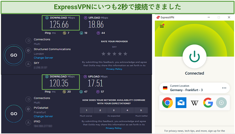 Image showing ExpressVPN speed of ExpressVPN's Frankfurt server in Germany and user base speed in the UK