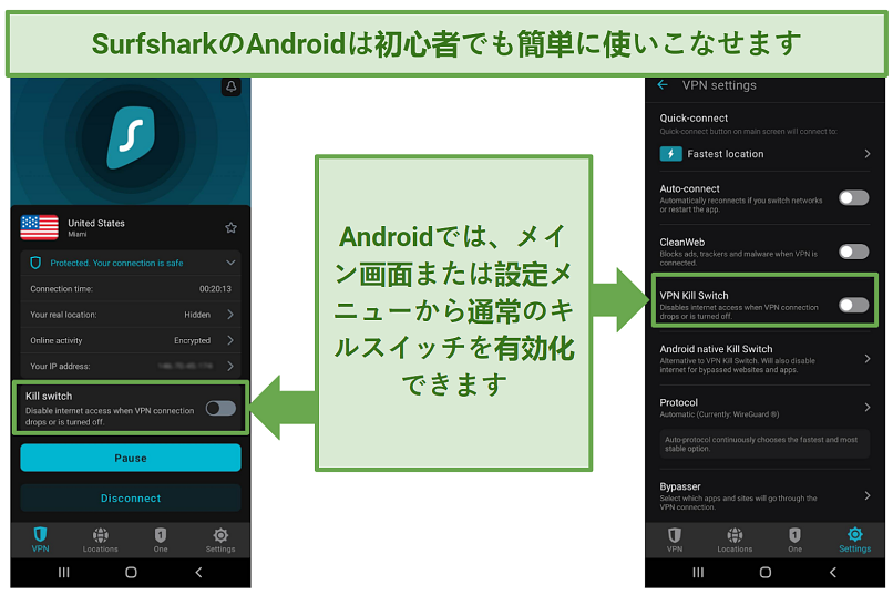 A screenshot of Surfshark's Android app showing the kill switch option on the main screen and in the Settings menu