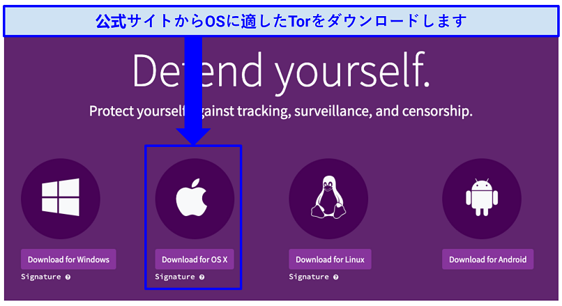 The Tor download webpage with indication of where to click to download Tor for OS X