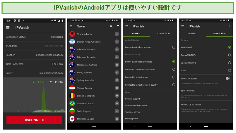 Screenshots showing IPVanish's Android app settings menu and its server list