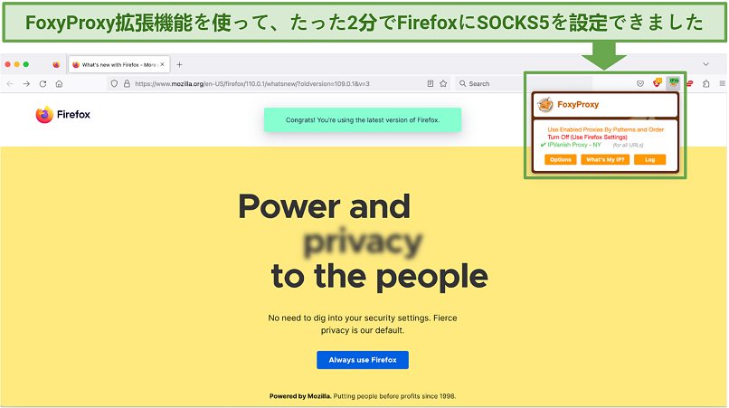 Screenshot showing a Firefox browser connected to a SOCKS5 proxy in New York