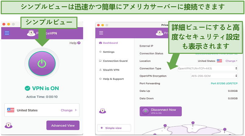 Screenshot showing PrivateVPN's Simple and Advanced views