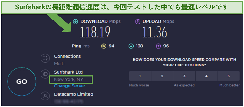 speed test result from Surfshark's New York server