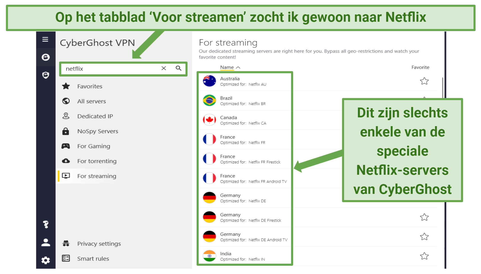 Screenshot displaying a list of CyberGhost's Netflix-optimized servers