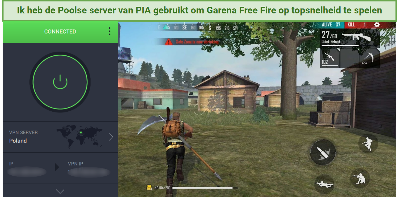 Screenshot of Private Internet Access working with Garena Free Fire