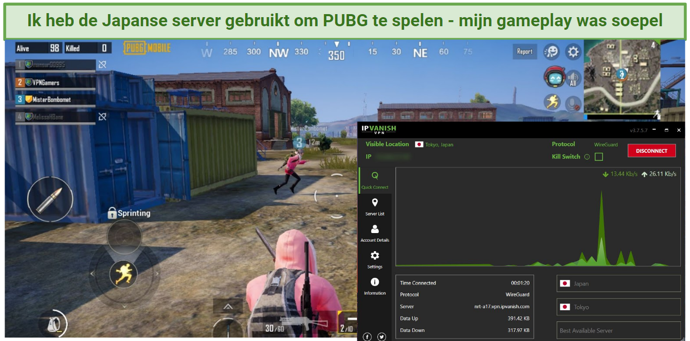 A screenshot of IPVanish working with PUBG Mobile