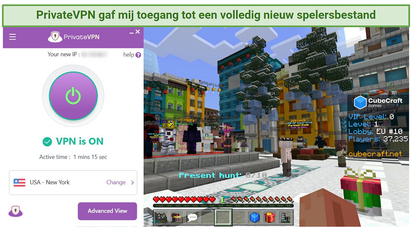 Screenshot of PrivateVPN working with Minecraft