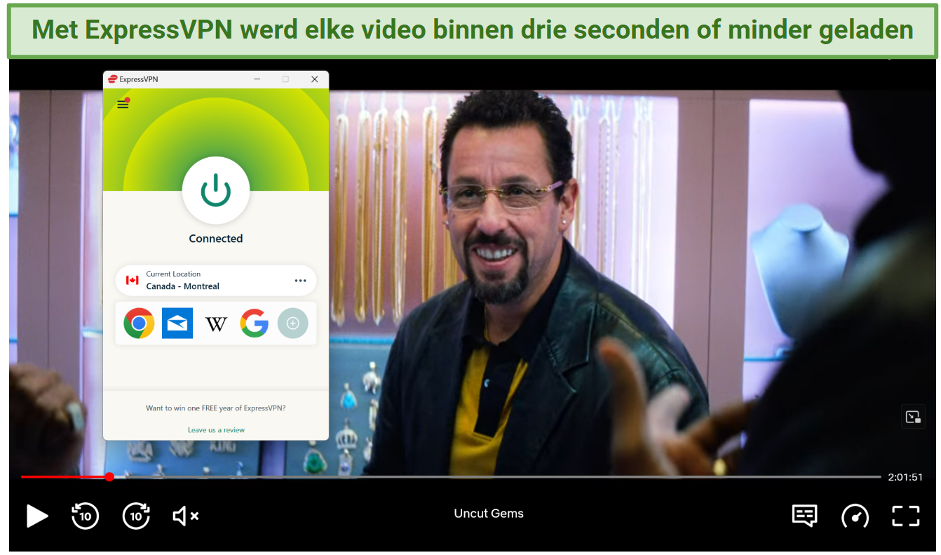 Screenshot of Netflix player streaming Uncut Gems while connected to ExpressVPN's Montreal server