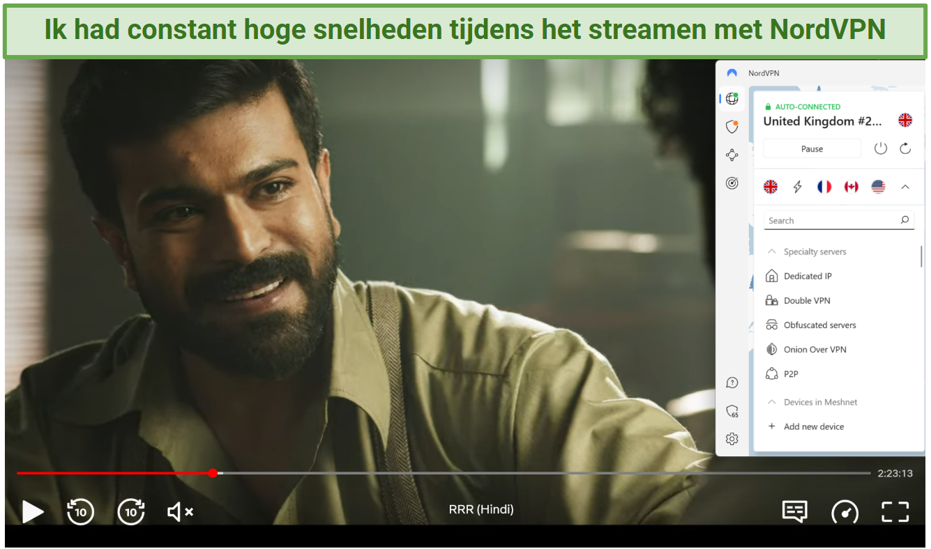 A screenshot of RRR playing on Netflix while connected to one of NordVPN's UK servers