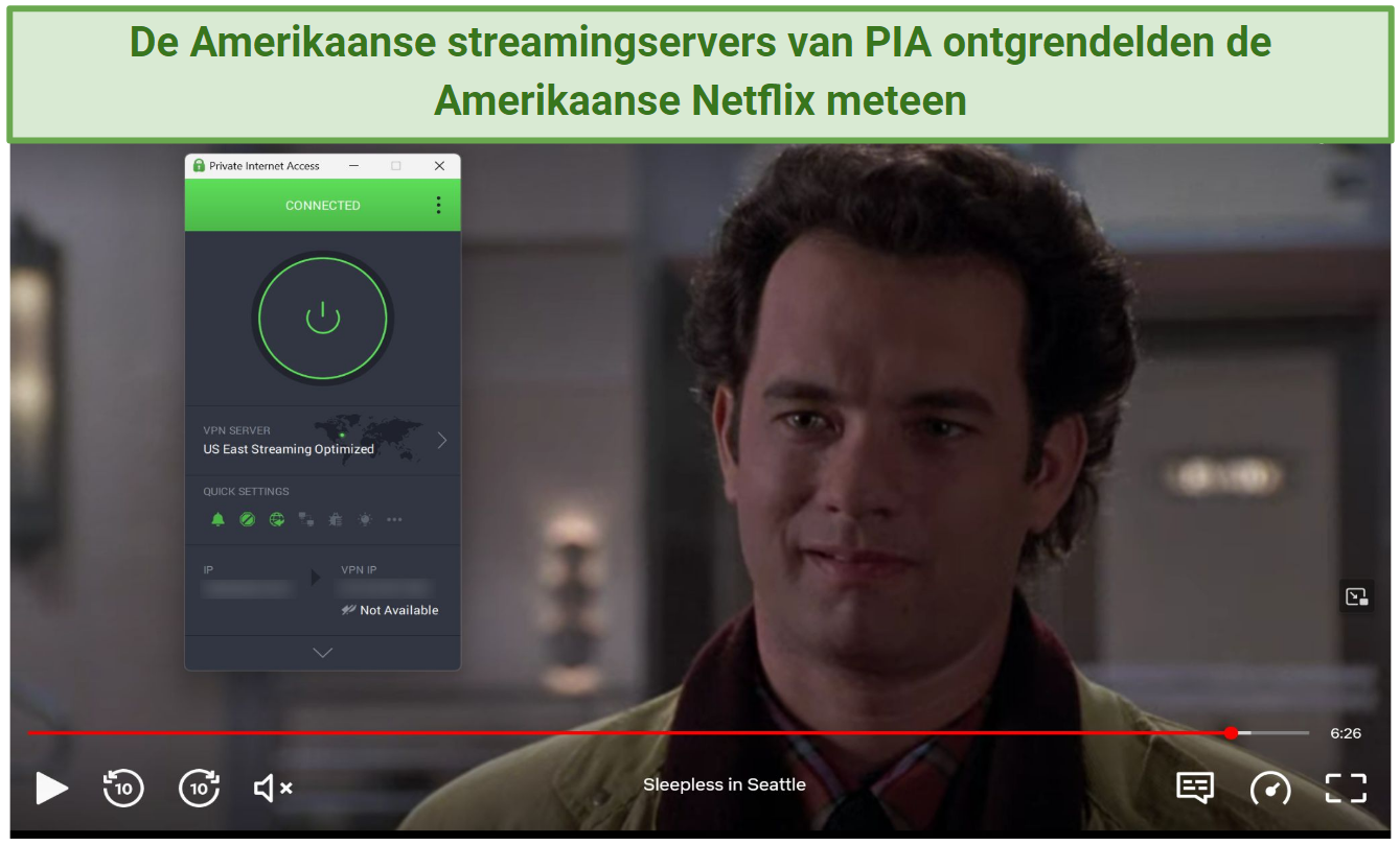 Screenshot of Netflix Player streaming Sleepless in Seattle while connected to PIA's US East Streaming Server