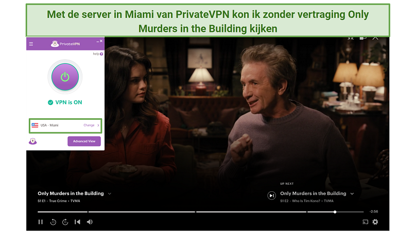 Screenshot of PrivateVPN's US servers unblocking Hulu