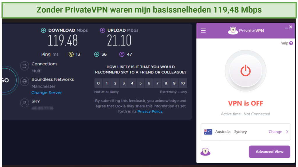 Screenshot showing base speed, with a PrivateVPN app disconnected