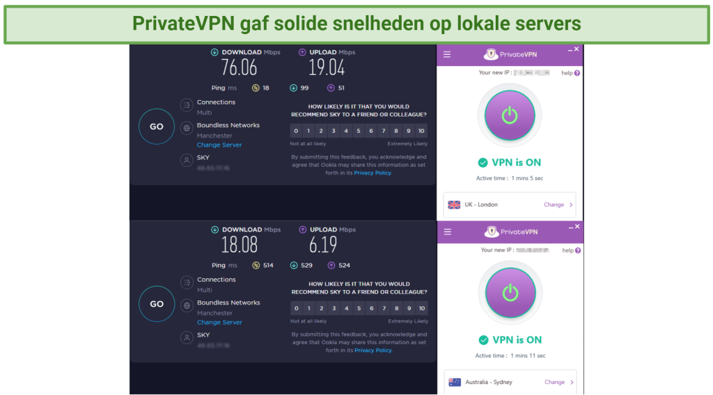 Screenshot of a PrivateVPN app connected to the UK and Australia