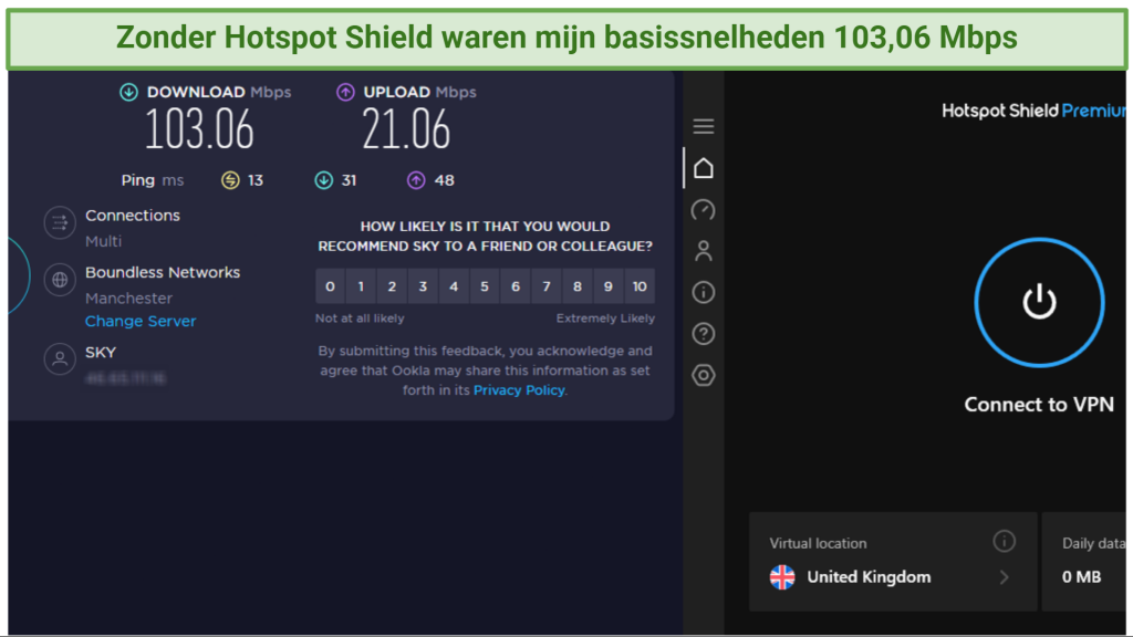 Screenshot showing base speed with Hotspot Shield disconnected