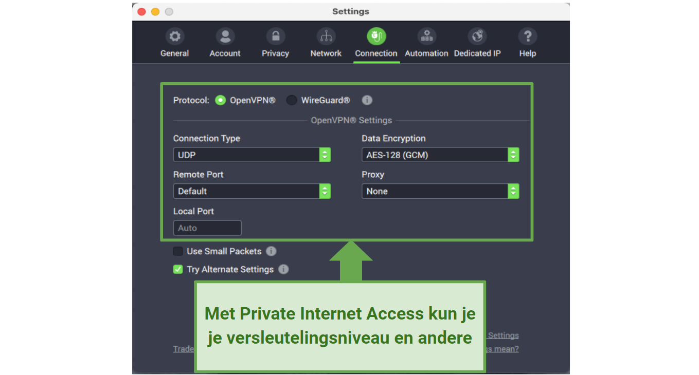 Graphic showing PIA security settings