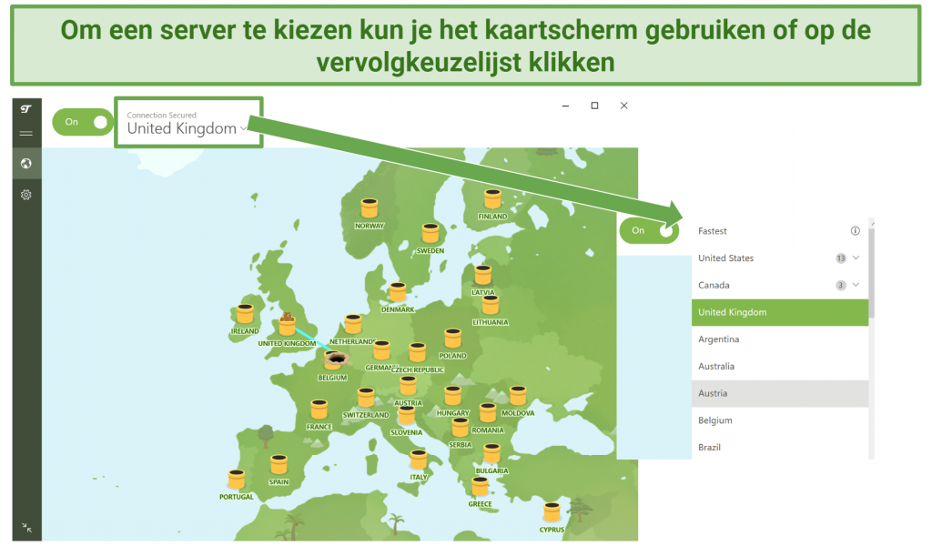 Screenshot showing TunnelBear Free VPN user interface and how to select server locations