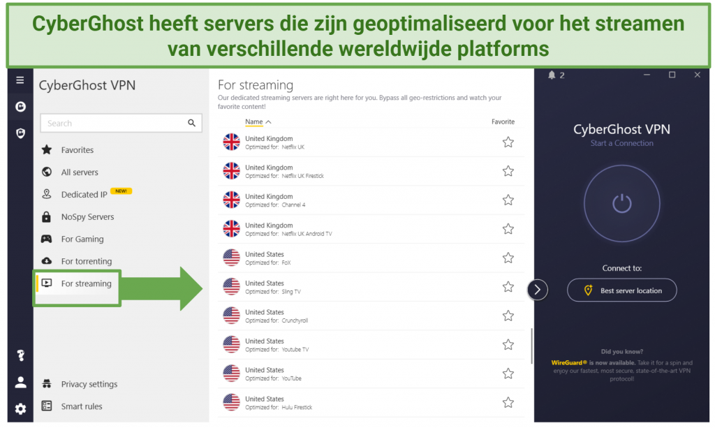 CyberGhost's Windows app displaying a list of streaming-optimized servers