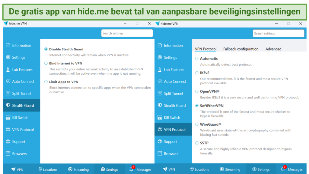 screenshot showing protocols available with hideme free and all the customization options for each protocol