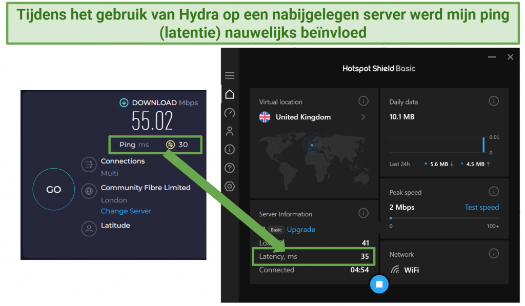 Screenshot showing Hotspot Shield Free VPN affect on ping or latency