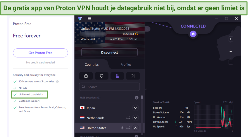 Screenshot of Proton VPN's free Windows app next to a screenshot of the free plan details from its website