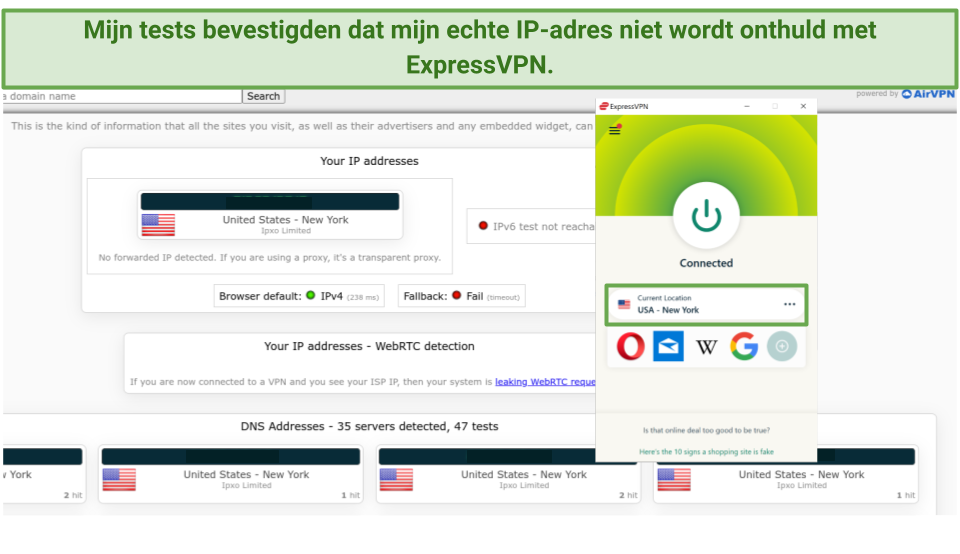 Screenshot of ExpressVPN passing leak tests connected to New York server