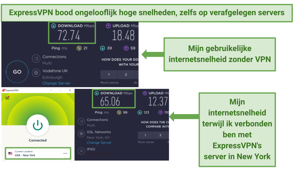 Screenshots of ExpressVPN's speed tests