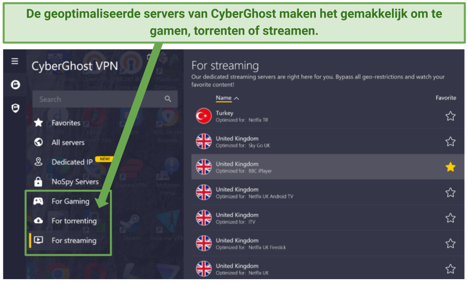 Screenshot of CyberGhost's Windows app showing optimized servers