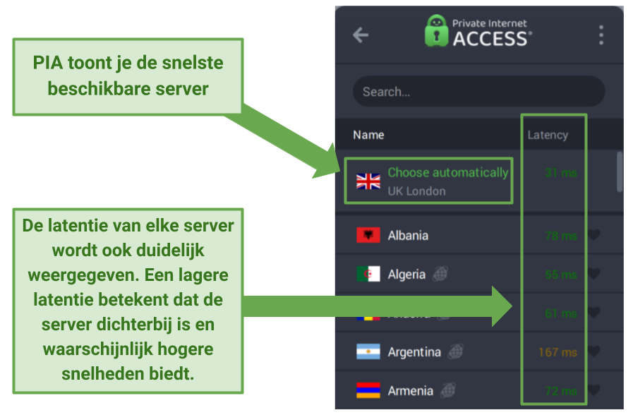 Screenshot of PIA's app showing server latency