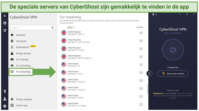 CyberGhost's Windows app displaying where to find its specialty servers