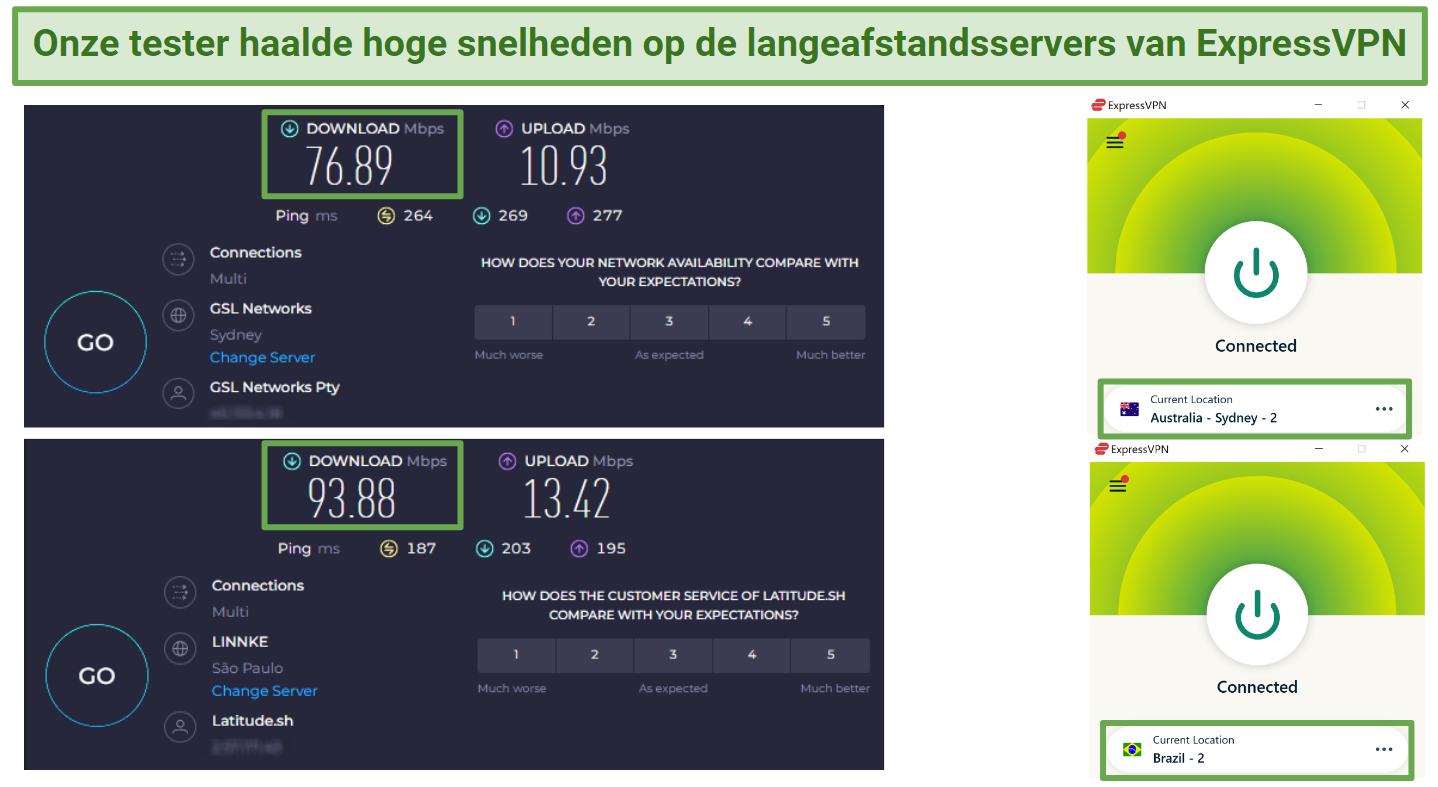 Screenshot of Ookla speed tests done with no VPN connected and while connected to ExpressVPN's Brazil 2 server