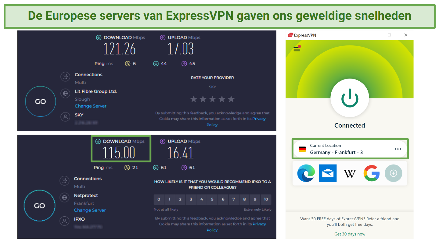 Screenshot of Ookla speed tests record with no VPN connected and while connected to ExpressVPN's Frankfurt 3 server