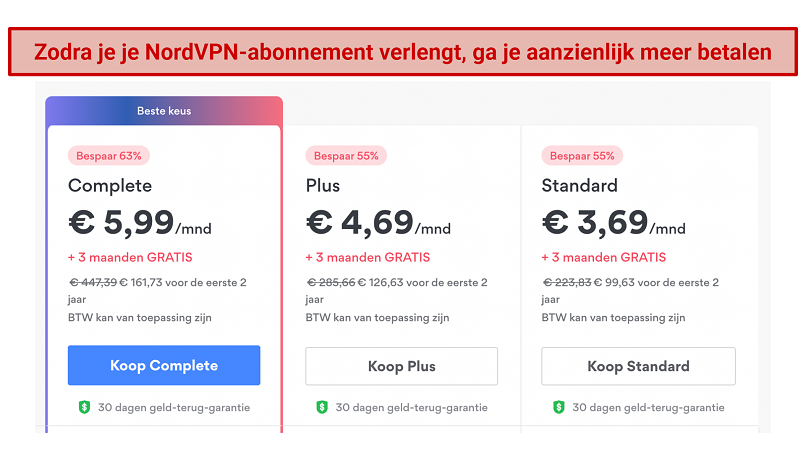 Screenshot showing NordVPN pricing with subscription renewal fee increases for 2 year plan