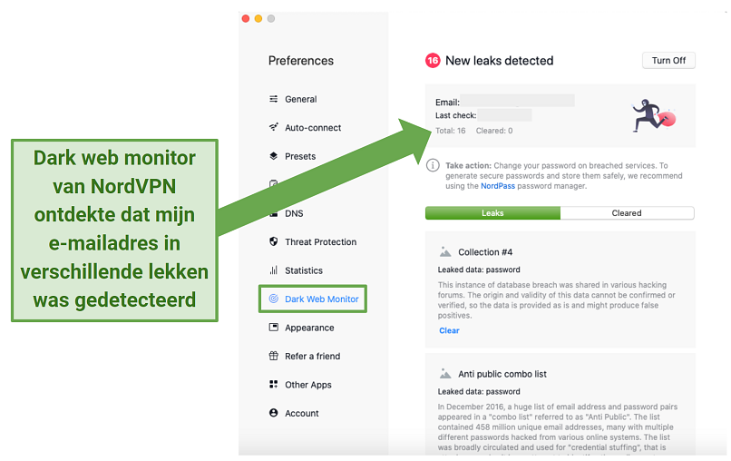 Screenshot of NordVPN's macOS app highlighting the Dark Web Monitor feature 