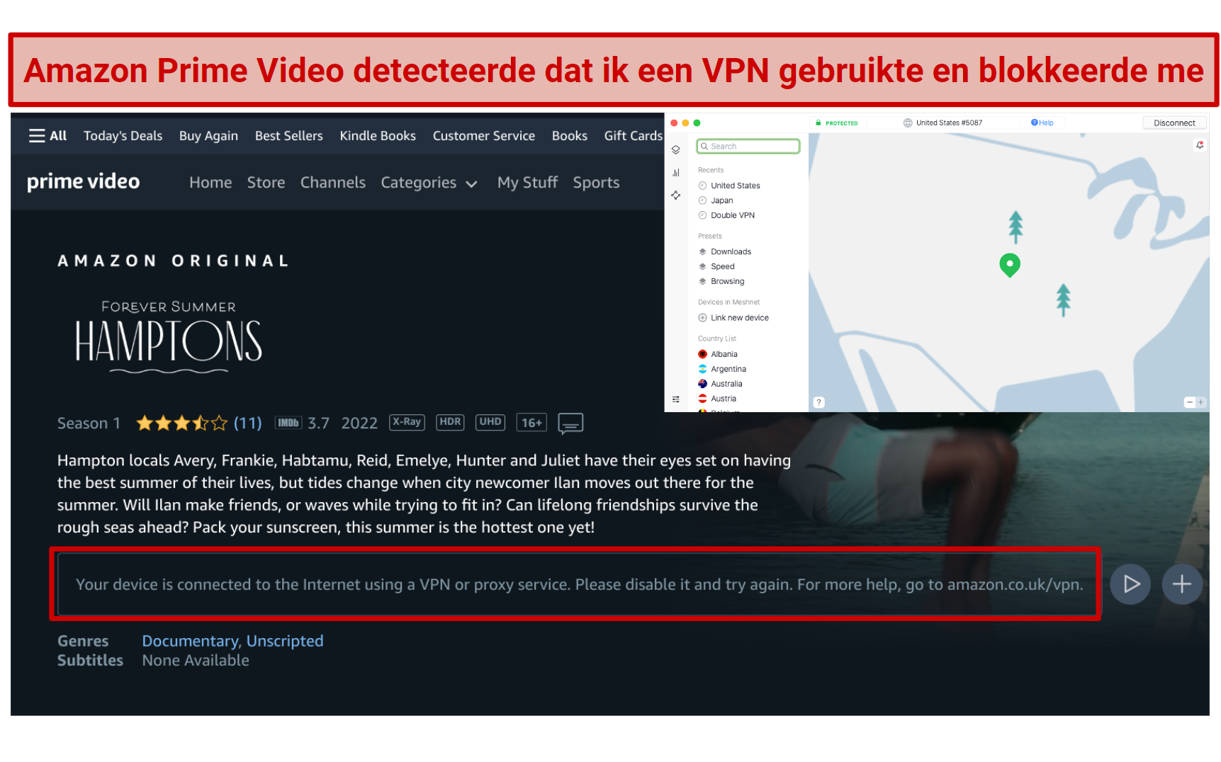 Screenshot of Amazon Prime Video error message received while connected to NordVPN 