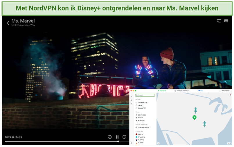 Screenshot of Disney+ player streaming Ms. Marvel while connected to NordVPN