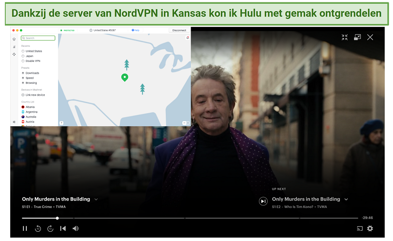 Screenshot of Hulu player streaming Only Murders in the Building while connected to NordVPN 