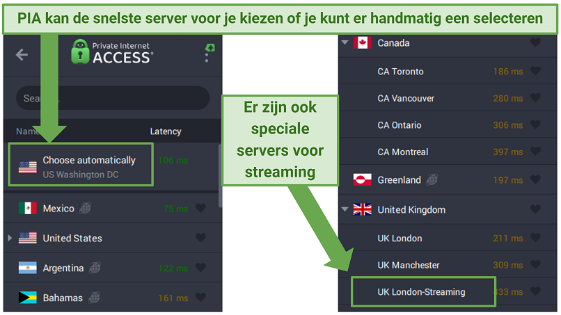 PIA's Windows app displaying different server options