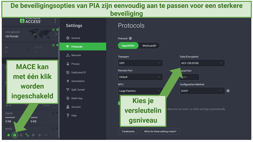 PIA Windows app displaying how to customize different security features and enable MACE