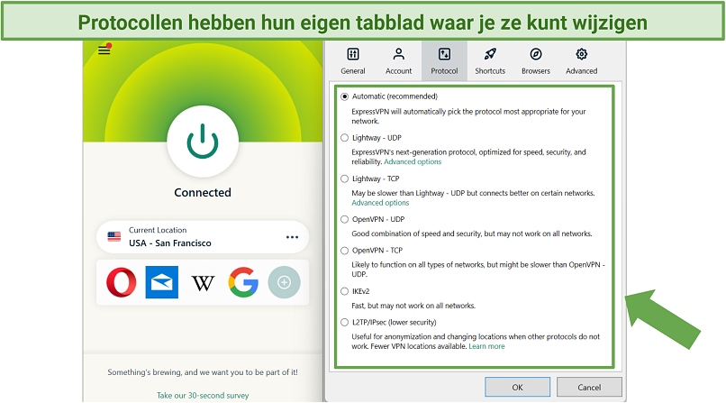 Screenshot showing protocols tab in ExpressVPN app for Windows