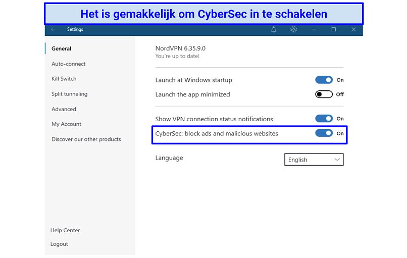 A screenshot of NordVPN's CyberSec settings