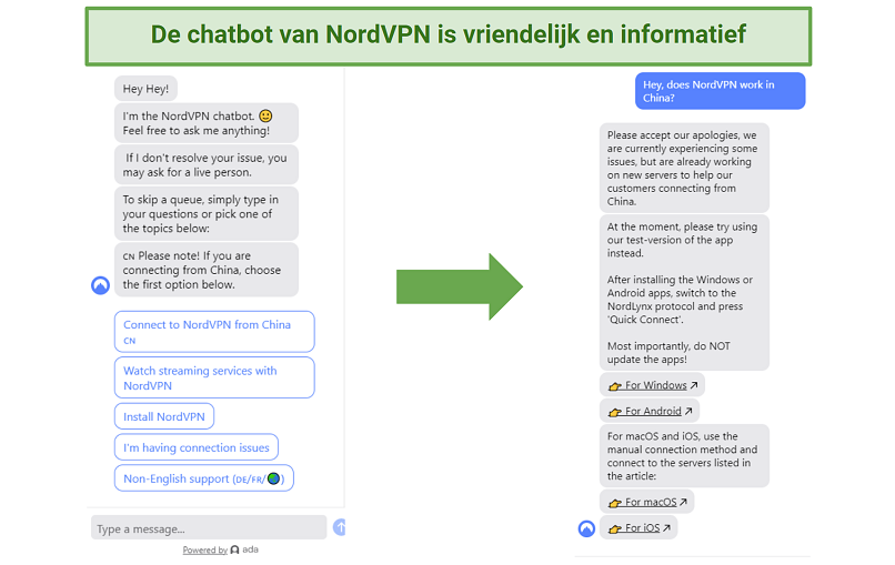 A screenshot of NordVPN's helpful chatbot interface