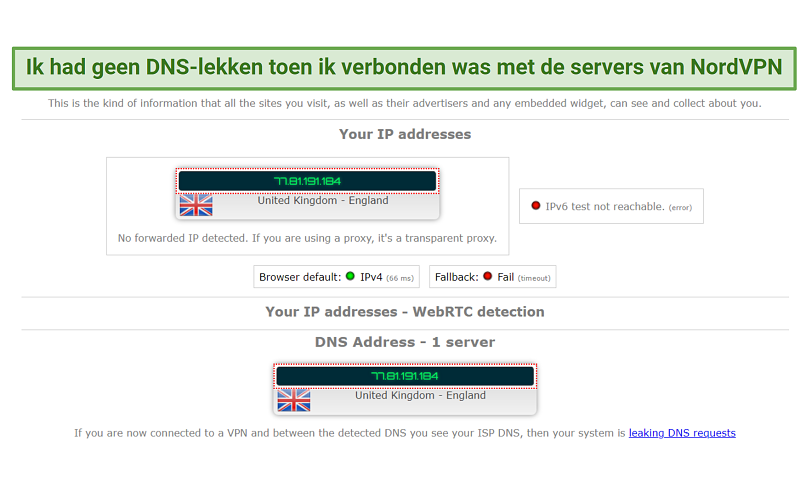 A screenshot of NordVPN's DNS leak tests