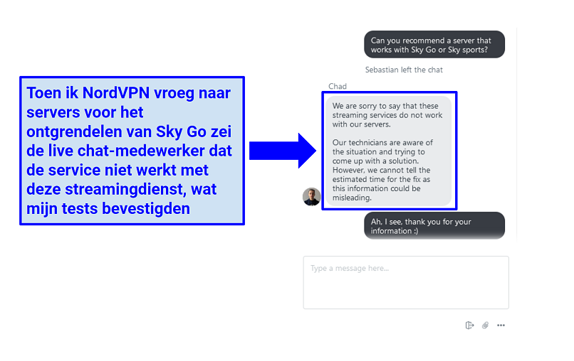 A screenshot of NordVPN live chat rep explaining that NordVPN doesn't work with SkyGO