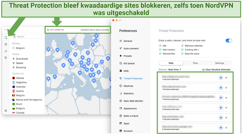 Screenshot of NordVPN's interface and how to switch on Threat Protection.