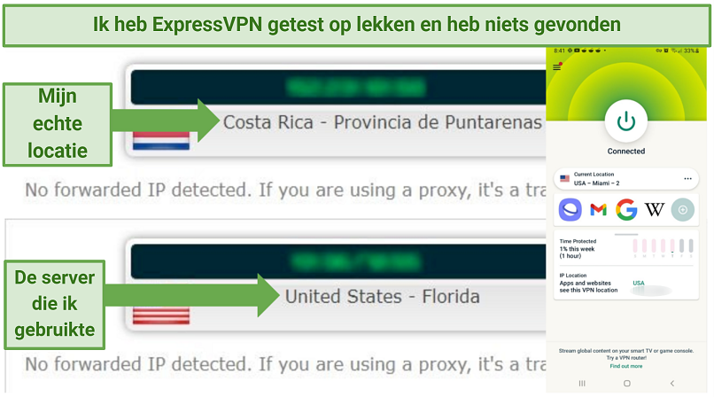 Leak test results showing that ExpressVPN effectively masked my IP address